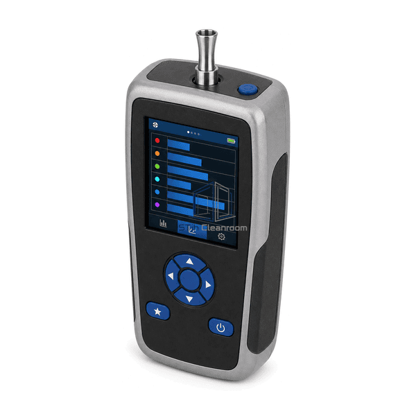 Close view of the handheld particle counter isokinetic probe and inlet connection