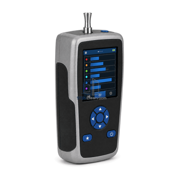 Handheld particle counter side view showing the sampling inlet and enclosure depth