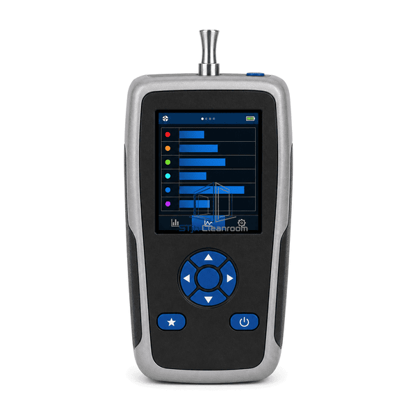 Handheld particle counter full vertical front view with color touchscreen