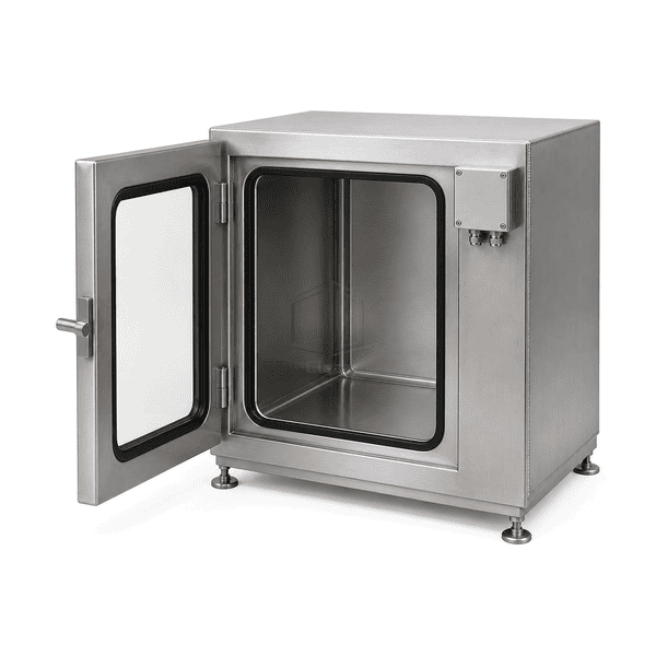 Open chamber view of smooth stainless interior and transfer shelf