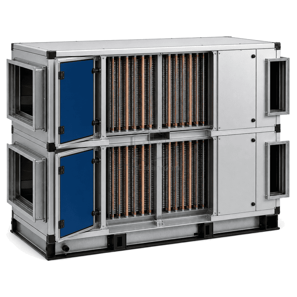 Open heat-pipe recovery unit showing copper circuits aluminum fins and center partition