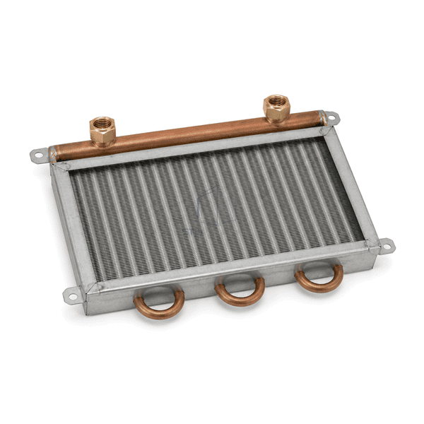 Elevated horizontal view of the complete hot-water heating coil and four mounting ears