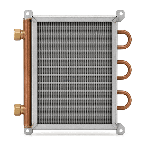 Straight front view of the heating coil fin face two threaded unions and three return bends