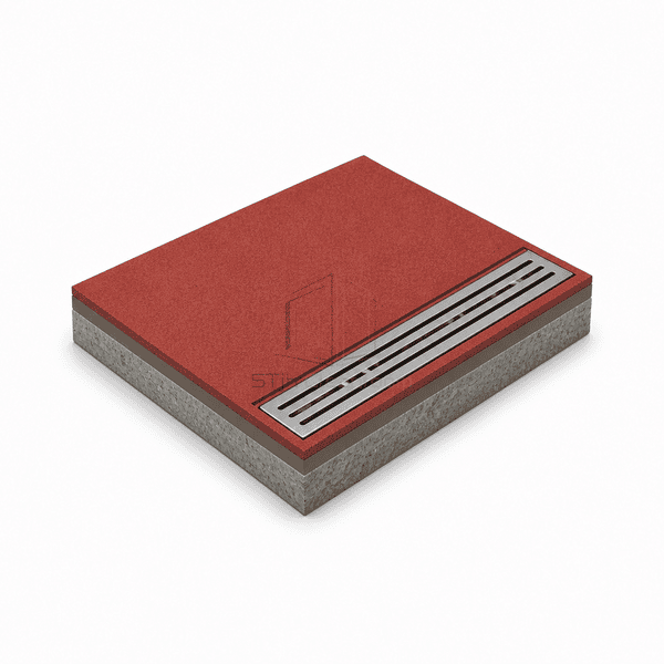 Heavy-duty polyurethane cement flooring drain detail with an oxide-red rebated edge and flush stainless linear grate