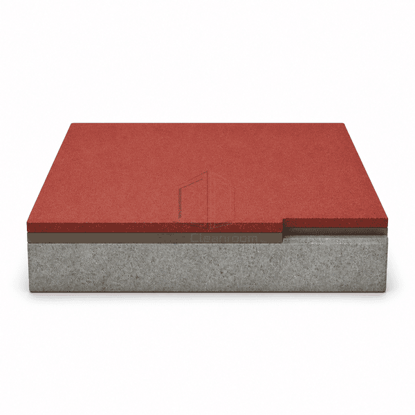 Stepped side cutaway of heavy-duty polyurethane cement flooring showing the dense red mortar, bonding layer and concrete base