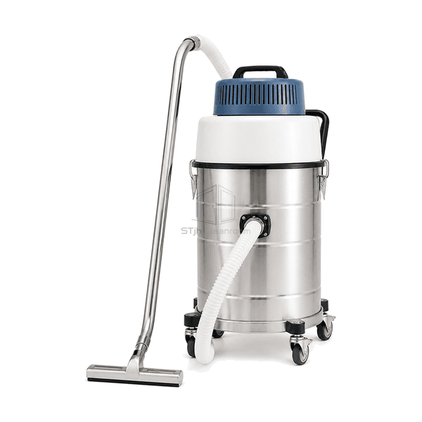 Front view of HEPA cleanroom vacuum cleaner with hose and floor tool