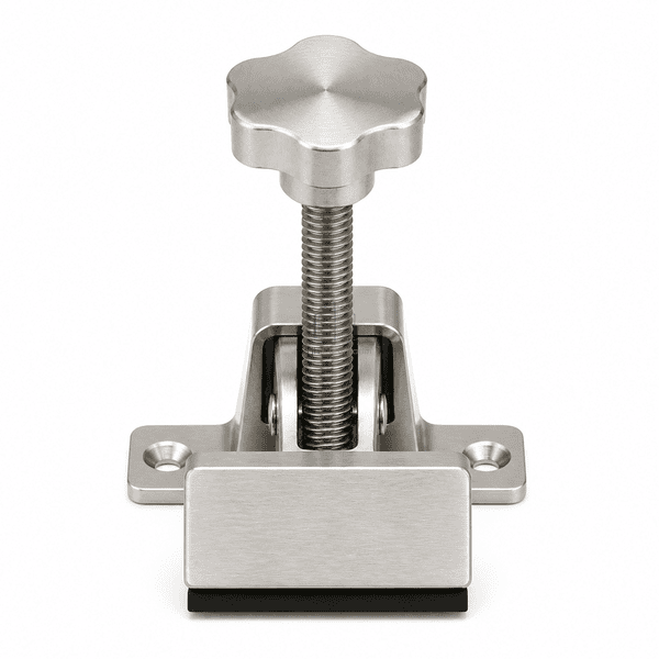 Front elevation of a HEPA clamp with hand knob and broad pressure shoe