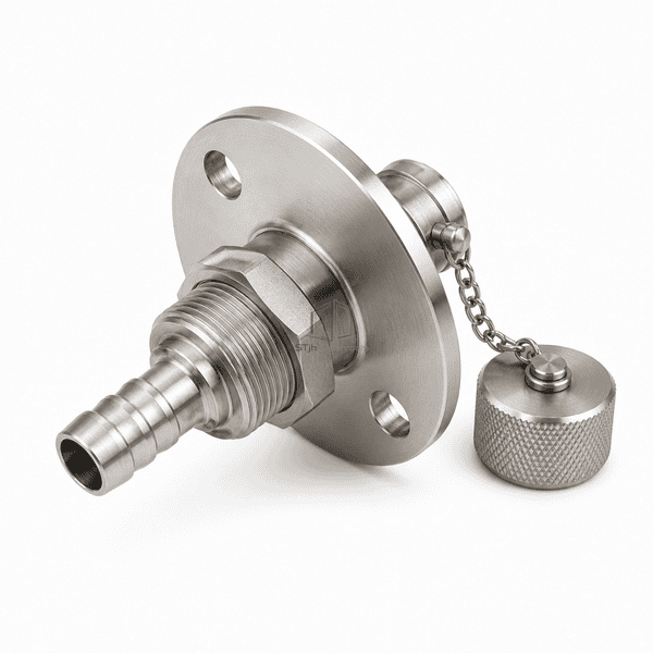 Rear elevated view of the HEPA test port threaded bulkhead, hex locknut and hose-barb interface