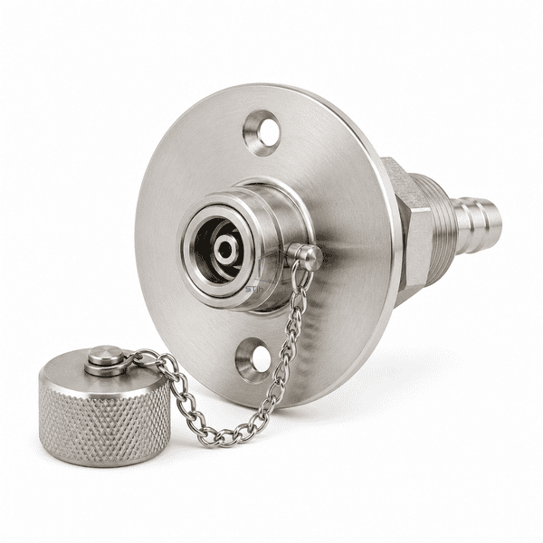 Near-front upright view showing the two-hole flange, recessed HEPA test coupling and tethered cap