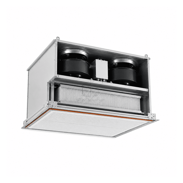 Open side view of the high-airflow FFU showing twin fans, divided plenum and wide filter