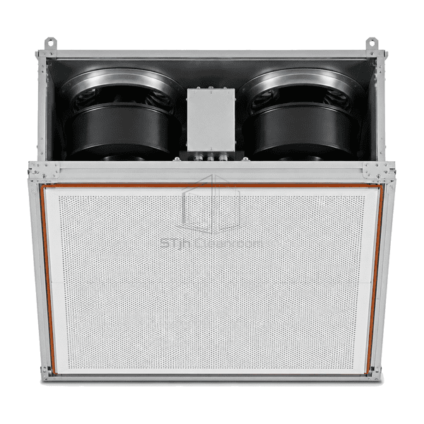 Upright front view of the large dual-fan FFU diffuser and two matched blowers