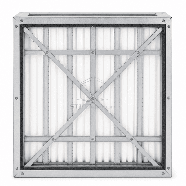 Straight downstream view of the high-airflow filter with cross-braced metal lattice potted pleat pack gasket and fasteners