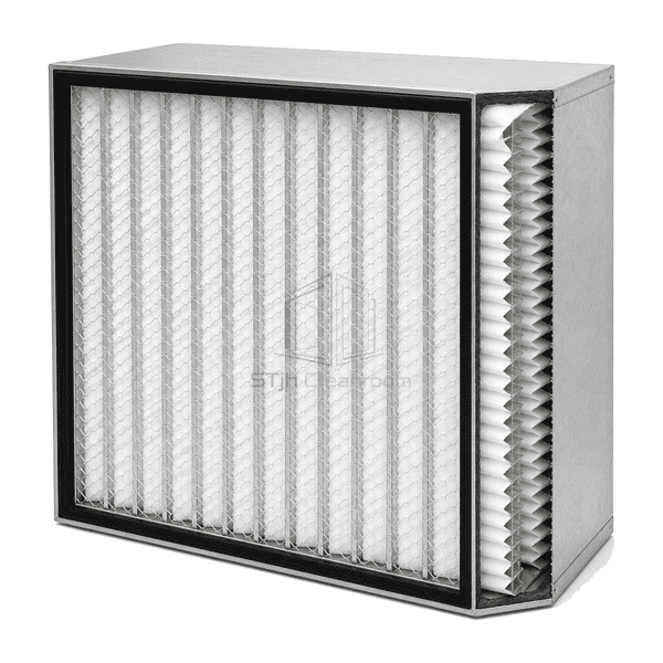 Cutaway side view showing deep glass-fibre pleats and aluminium separators