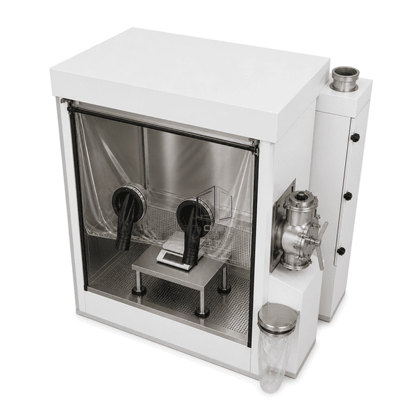 High-angle view of the isolated balance and glove-assisted handling area