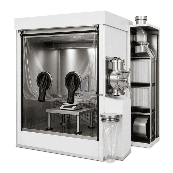 Side cutaway showing staged safe-change filters and inward airflow