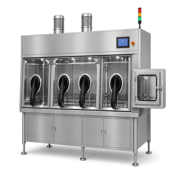 Complete high-potency containment isolator in wide horizontal three-quarter view