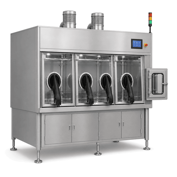 High-potency containment isolator side view showing enclosure depth and twin exhaust filters