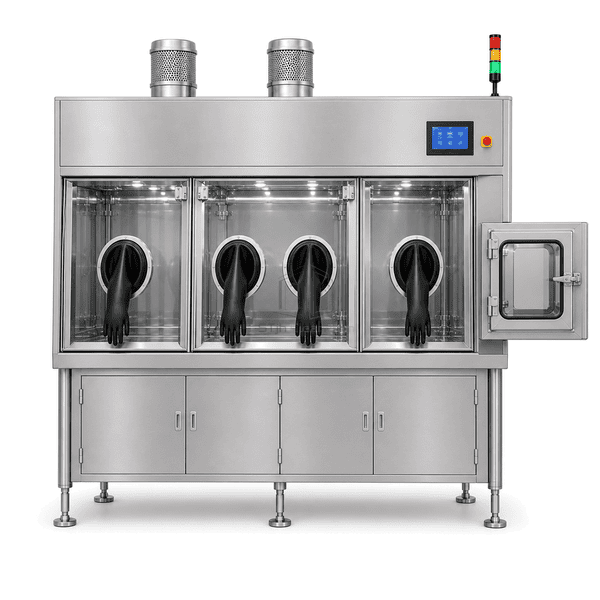 High-potency containment isolator upright front view showing three glass panels and four gloves