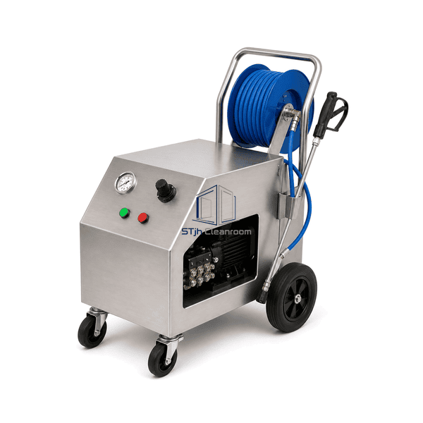 Complete high-pressure cleaning station in wide view with stored hose and wash lance