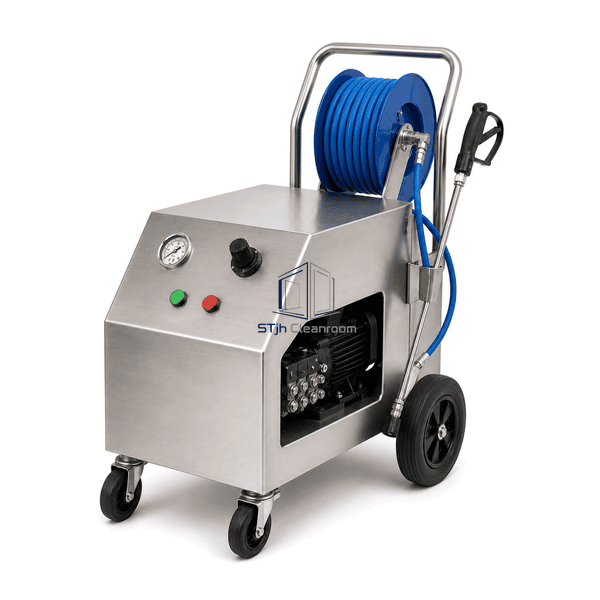 High-pressure cleaning station interface view showing gauge, regulator and hose couplings