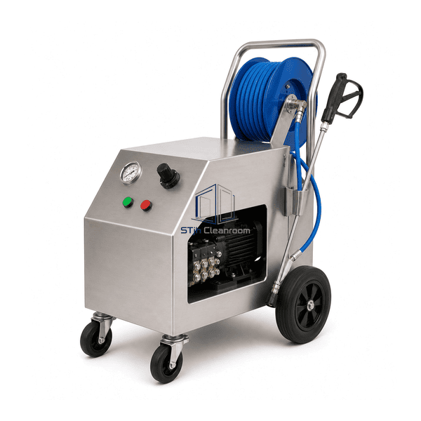 High-pressure cleaning station side view showing chassis depth, wheels and hose reel
