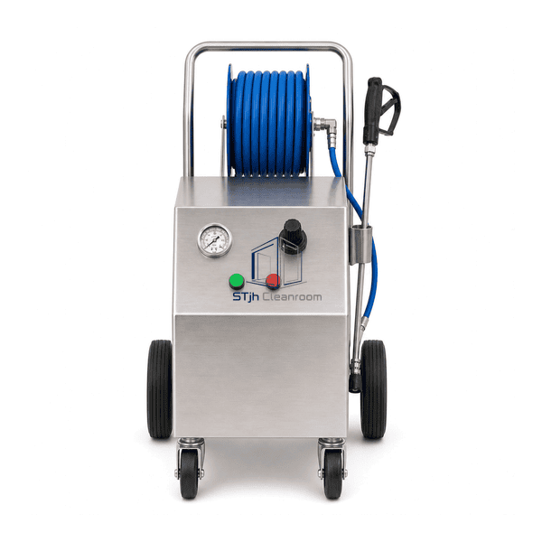 High-pressure cleaning station front view showing controls and stainless pump enclosure