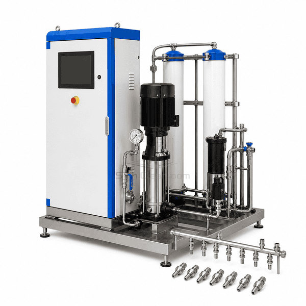 Opposite high view of pump filters and nozzle manifold