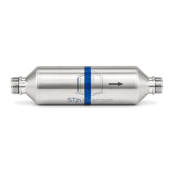 High-purity gas purifier complete horizontal profile with coaxial inlet and outlet fittings and central flow-direction mark