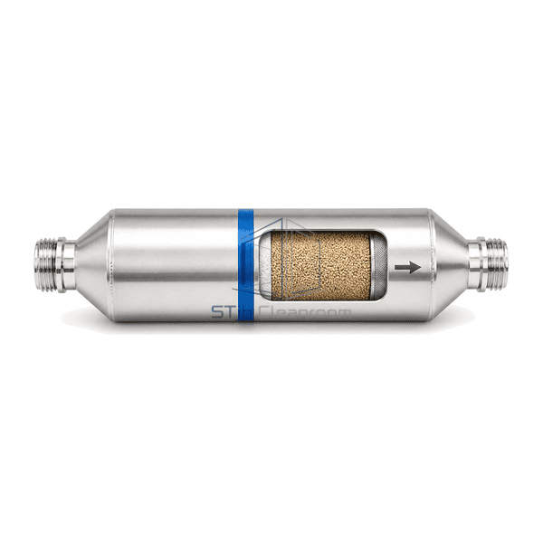 High-purity gas purifier complete side cutaway showing the reactive media bed and integral downstream metal particle filter