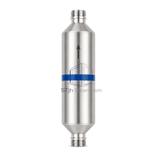 High-purity gas purifier upright front view showing the full sealed body, welded shoulders and top and bottom face-seal ends