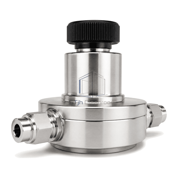 High-purity gas regulator complete low axial view emphasizing one welded gasket face-seal connection and the diaphragm body joint