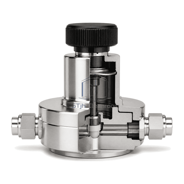 High-purity gas regulator complete side cutaway showing the tied metal diaphragm, valve stem, seat and low-volume flow path