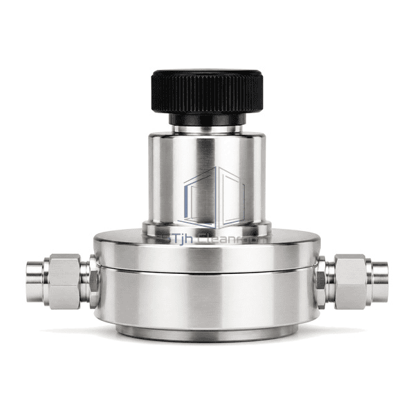 High-purity gas regulator upright front view showing the full knob, cylindrical bonnet, round diaphragm body and inline connections