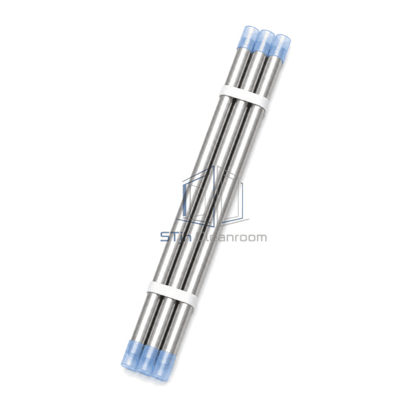 High-purity gas tubing steep upright front view showing three equal straight tubes, aligned capped ends and both clean retaining bands