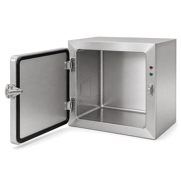 Open stainless pass box showing coved transfer chamber interior