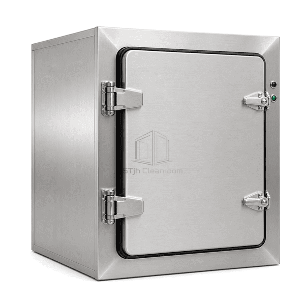 Side view of welded stainless pass box chamber and compression door