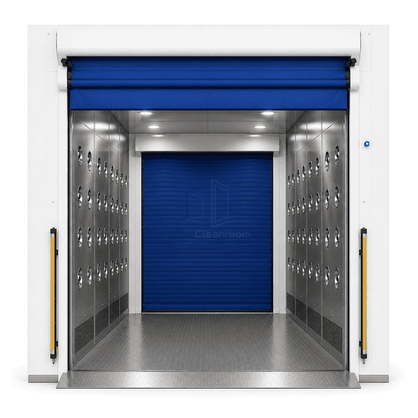 Front view of the wide roll-up cargo door and its safety light grid