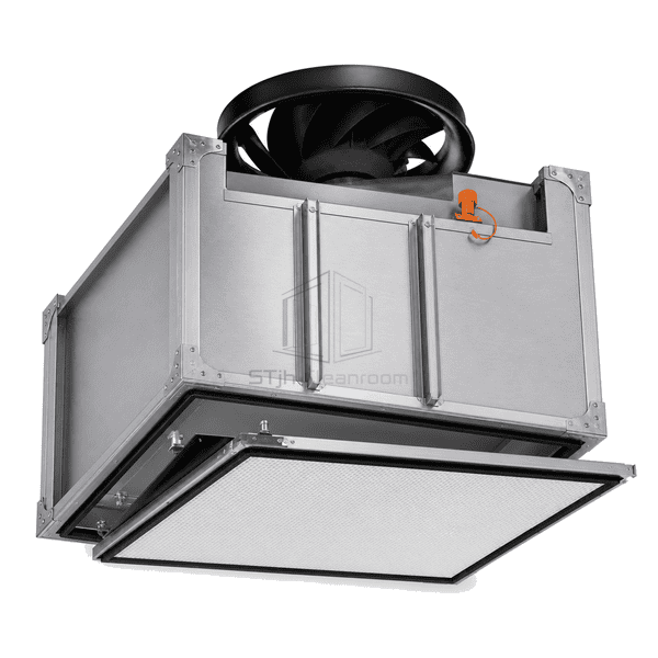Complete high-pressure FFU with reinforced ceiling flange, heavy gasket and gel-seal interface