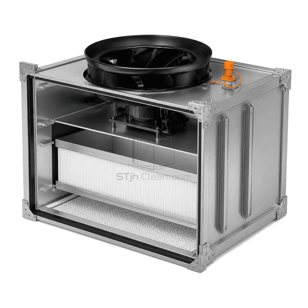Open side view showing the high-static FFU inlet cone, impeller, plenum and dense filter