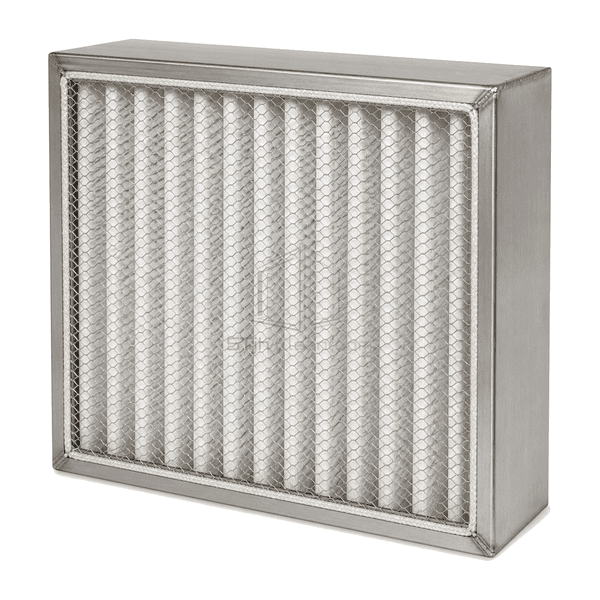 Three-quarter view of stainless-steel high-temperature HEPA filter for hot-air processing