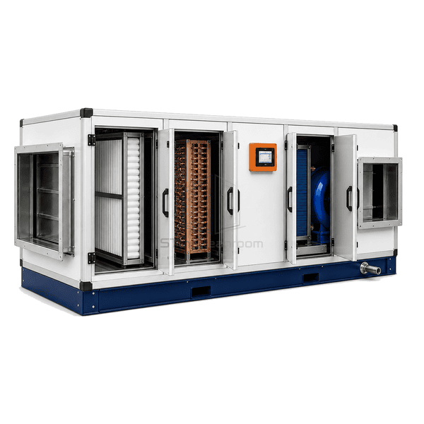 Open horizontal AHU showing linear filter coil and fan sections