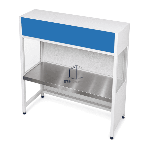 Top-oblique view of the deep stainless worktop and forward airflow path