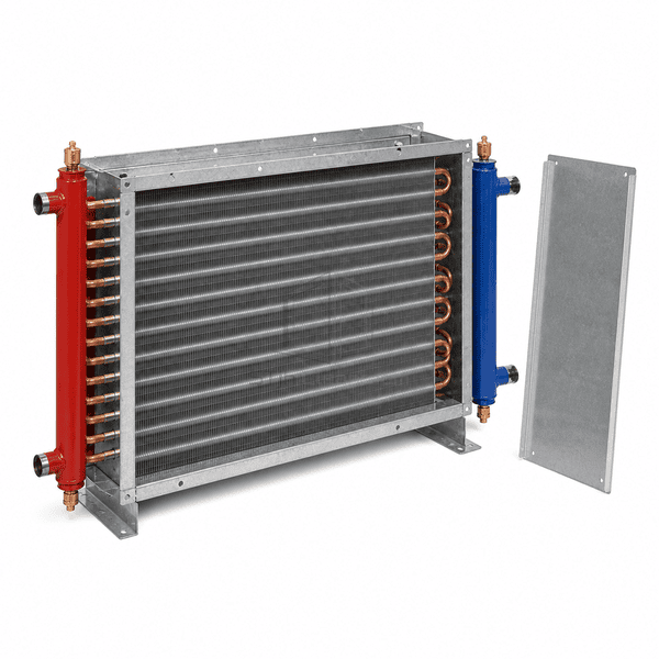 Hot-water coil with side cover removed from the return bends