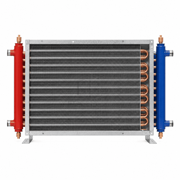 Front elevation of the same hot-water heating coil