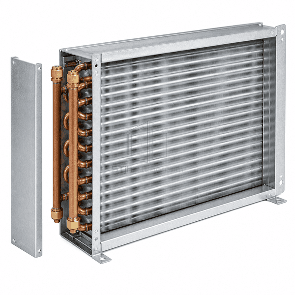 Reheat coil with narrow side cover removed