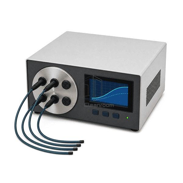Humidity calibrator horizontal elevated view showing the full chamber body, display and six inserted probes
