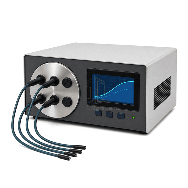 Humidity calibrator right-side view showing fixed enclosure depth, ventilation grille and rear cable routing