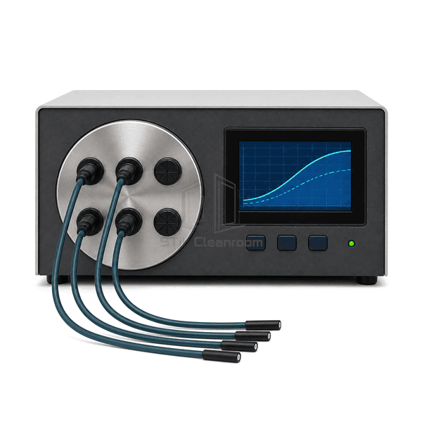 Humidity calibrator front view showing sealed chamber door, touchscreen and connected probe cables