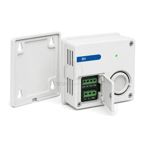 Rear three-quarter view of the entire humidity sensor with replaceable membrane cap, mounting base and signal terminal clearly exposed
