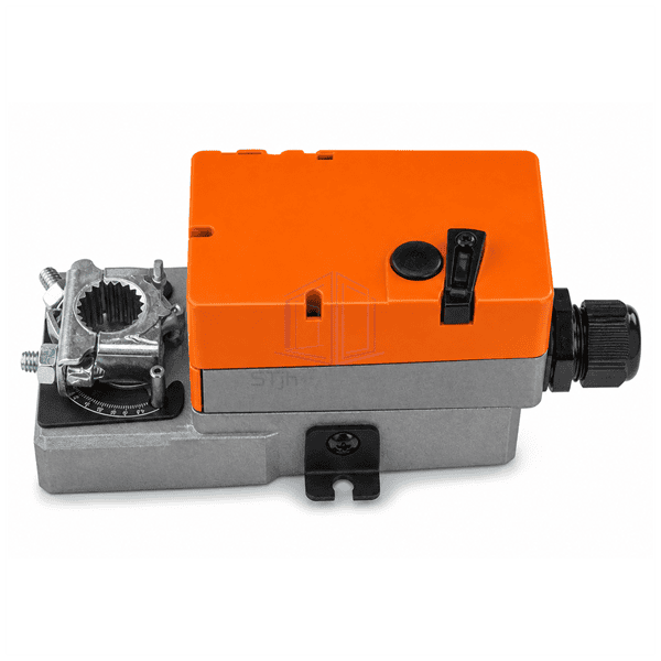 Front control-side view of damper actuator housing and position scale